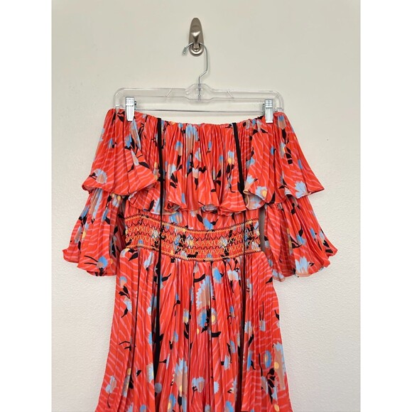 Self-Portrait Off Shoulder Pleated Ruffle Floral Tropical Midi Dress Orange Sz 0 - Picture 3 of 12